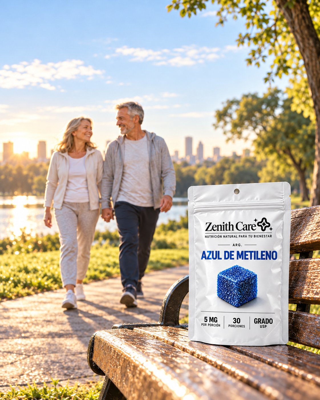 Pareja caminando por el parque con Zenith Care