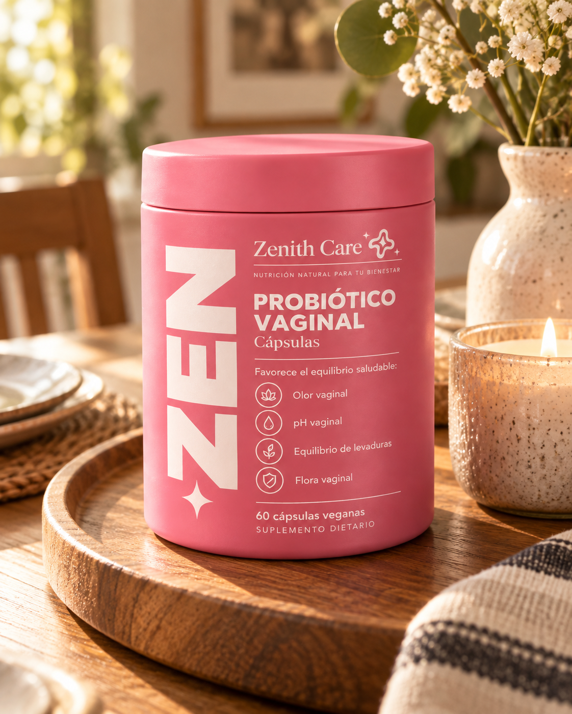 Pote Probiótico Vaginal ZEN sobre bandeja de madera