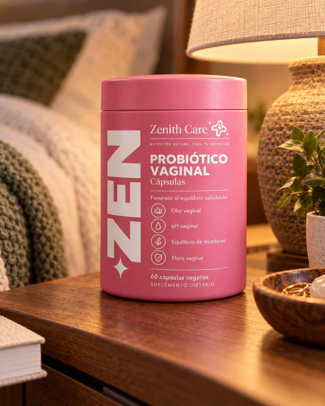 Pote Probiótico Vaginal ZEN junto a una lámpara